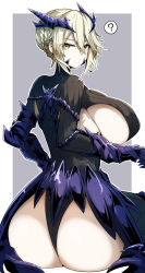 Rule 34 | 1girl, ?, absurdres, armor, armored boots, artoria pendragon (fate), artoria pendragon (lancer alter) (fate), ass, black bodysuit, blonde hair, bodysuit, boots, braid, breasts, cleavage, fate/grand order, fate (series), french braid, gauntlets, gin moku, hair between eyes, highres, horns, long hair, looking at viewer, looking back, navel, revealing clothes, ribbed bodysuit, solo, underboob, yellow eyes