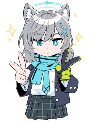 Rule 34 | 1girl, animal ear fluff, animal ears, aqua necktie, aqua scarf, black jacket, blazer, blue archive, blush, cropped legs, cross hair ornament, double v, gloves, grey hair, hair between eyes, hair ornament, halo, highres, jacket, looking at viewer, mismatched pupils, necktie, open clothes, open jacket, plaid, plaid skirt, pleated skirt, rokukyugo, scarf, shiroko (blue archive), shirt, simple background, single glove, skirt, smile, solo, sparkle, v, white background, white shirt