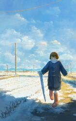 Rule 34 | 1girl, blue coat, blue skirt, blue sky, brown hair, cloud, coat, day, fjsmu, highres, holding, holding umbrella, original, outdoors, power lines, red footwear, skirt, sky, solo, umbrella, utility pole, winter, winter clothes, winter coat