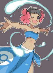 Rule 34 | 1girl, arms up, bare shoulders, black hair, blue hair, blue sarong, blush, breasts, brown outline, collarbone, creatures (company), dark-skinned female, dark skin, female focus, flower, game freak, grey background, gym leader, hair flower, hair ornament, happy, highres, looking at viewer, midriff, navel, nintendo, one eye closed, open mouth, outline, outstretched arms, phoebe (pokemon), pink flower, poke ball symbol, poke ball theme, pokemon, pokemon rse, sarong, short hair, simple background, small breasts, smile, solo, spread arms, standing, strapless, tadanoshi kabane, tube top, wink