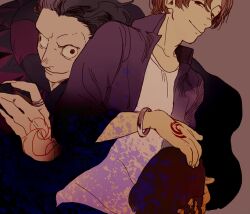Rule 34 | 2boys, black eyes, bracelet, collared shirt, command spell, dutch angle, evil smile, fate/zero, fate (series), fingernails, gilles de rais (caster) (fate), hair slicked back, hand up, head out of frame, jewelry, large hands, layered shirt, looking at viewer, male focus, multiple boys, musikolis, no eyebrows, orange hair, ring, sharp fingernails, shirt, smile, upper body, uryuu ryuunosuke