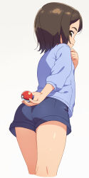Rule 34 | 1girl, ass, blue shirt, blue shorts, brown eyes, brown hair, closed mouth, creatures (company), cropped legs, female focus, flat chest, from behind, game freak, gradient background, grey background, gym trainer (pokemon), half-closed eyes, hand up, happy, highres, holding, holding poke ball, kneepits, long sleeves, looking at viewer, matching hair/eyes, nintendo, om (nk2007), poke ball, poke ball (basic), pokemon, pokemon sv, shirt, short hair, short shorts, shorts, sidelocks, simple background, smile, solo, standing, thighs