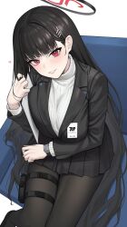 Rule 34 | 1girl, absurdres, black hair, black pantyhose, black suit, blue archive, formal, from above, hair ornament, hairclip, halo, heart, highres, holding, holding tablet pc, holster, holstered, id card, ildy, long hair, looking at viewer, pantyhose, pouch, red eyes, rio (blue archive), sitting, suit, sweater, tablet pc, thigh holster, thigh pouch, turtleneck, turtleneck sweater, watch, white sweater, wristwatch