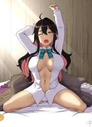 Rule 34 | 10s, 1girl, arm up, bare legs, bed, bed sheet, black hair, breasts, breasts apart, full body, gluteal fold, hayabusa (vert 320), indoors, kantai collection, large breasts, long hair, looking at viewer, multicolored hair, naganami (kancolle), one eye closed, open mouth, panties, pink hair, school uniform, sitting, solo, stretching, thighs, unbuttoned, underwear, wavy hair, white panties, yawning, yellow eyes