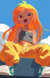 Rule 34 | 1girl, antenna hair, bare shoulders, black tank top, blue sky, cloud, dog tags, fang, highres, jewelry, long hair, looking at viewer, midriff, necklace, no lineart, open mouth, orange eyes, orange hair, original, pants, shoes, sitting, sitting on object, skin fang, sky, solo, sweatpants, takarai shunsuke, tank top