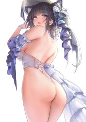 Rule 34 | 1girl, animal ear fluff, animal ears, ass, azur lane, black hair, blue eyes, blue hair, blush, breasts, bustier, cat ears, cheshire (azur lane), cheshire (the cat and the white steed) (azur lane), detached sleeves, fang, frills, from behind, from below, hair ornament, hat, highres, large breasts, liaowen, lingerie, looking at viewer, looking back, medium hair, multicolored hair, official alternate costume, open mouth, sideboob, simple background, solo, streaked hair, sun hat, teeth, thong, two-tone hair, underwear, underwear only, upper teeth only, white background, white hat