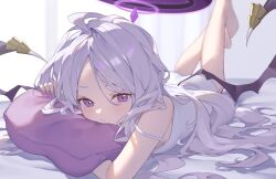 Rule 34 | 1girl, absurdres, barefoot, black wings, blue archive, blush, closed mouth, demon wings, fingernails, grey hair, halo, highres, hina (blue archive), indoors, iwashi 111, long hair, looking at viewer, lying, on stomach, purple eyes, shirt, sleeveless, sleeveless shirt, solo, toes, white shirt, wings