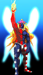 Rule 34 | 1boy, abs, american flag legwear, arm up, armpits, asymmetrical legwear, blue skin, bulge, clownpiece, clownpiece (cosplay), collar, colored skin, cosplay, detached collar, fire, forehead jewel, frilled collar, frilled shirt collar, frills, full body, genderswap, genderswap (ftm), gill (street fighter), green eyes, hat, highres, jester cap, long hair, male focus, manly, mismatched legwear, multicolored skin, muscular, neck ruff, omi (a-m-suit), pantyhose, pectorals, red skin, solo, standing, street fighter, street fighter iii (series), striped clothes, striped pantyhose, thong, topless male, touhou, two-tone skin, what