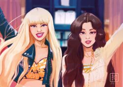 Rule 34 | 2girls, animification, arm up, black jacket, blackpink, blonde hair, blunt bangs, brown hair, commentary, cropped jacket, english commentary, eyeliner, highres, jacket, jennie (blackpink), jewelry, k-pop, leather, leather jacket, lisa (blackpink), long hair, long sleeves, looking at viewer, loose hair strand, makeup, miadresden, multiple girls, necklace, pink lips, real life, toon (style), watermark, wavy hair