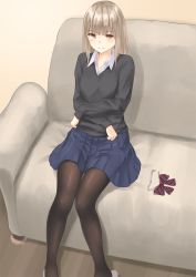 Rule 34 | 1girl, bad id, bad pixiv id, black pantyhose, black sweater, blonde hair, blue skirt, blush, bow, bowtie, collared shirt, couch, diagonal stripes, highres, indoors, long sleeves, looking at viewer, minagiku, original, pantyhose, pleated skirt, shirt, sitting, skirt, slippers, solo, striped bow, striped bowtie, striped clothes, striped neckwear, sweater, unbuttoned, undressing, uniform, unworn bowtie, yellow eyes