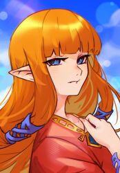 Rule 34 | 1girl, blue eyes, blue sky, blush, dress, from side, hair tubes, hand on own chest, highres, long hair, looking at viewer, looking to the side, nintendo, orange hair, pointy ears, princess zelda, red dress, sky, solo, the legend of zelda, the legend of zelda: skyward sword, upper body, vergil mon