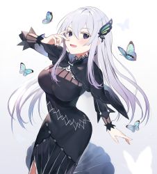 Rule 34 | 1girl, :d, animal, black cape, blush, breasts, bug, butterfly, butterfly hair ornament, cape, colored eyelashes, commentary request, echidna (re:zero), gradient background, grey background, grey eyes, hair between eyes, hair ornament, hanakanzarashi, hand up, highres, insect, long hair, long sleeves, looking at viewer, medium breasts, open mouth, re:zero kara hajimeru isekai seikatsu, silver hair, smile, solo, v-shaped eyebrows, very long hair, white background