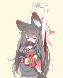 Rule 34 | 1girl, animal ears, arms up, black hair, black kimono, blue archive, breasts, closed eyes, colored inner hair, fox ears, highres, japanese clothes, kimono, large breasts, long hair, multicolored hair, obi, open mouth, own hands together, red eyes, sash, simple background, smsm516, solo, straight hair, stretching, trembling, two-tone hair, very long hair, wakamo (blue archive), yellow background