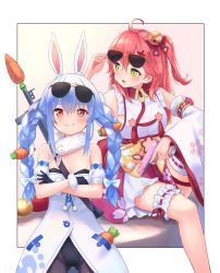 Rule 34 | 2girls, adjusting eyewear, ahoge, animal ear fluff, animal ears, aviator sunglasses, bell, black gloves, black pantyhose, blue hair, braid, breasts, bridal garter, carrot hair ornament, cherry blossom print, cleavage, closed mouth, commentary request, crossed arms, detached sleeves, dress, eyewear on head, floral print, food-themed hair ornament, gloves, gluteal fold, green eyes, gun, hair bell, hair ornament, hair ribbon, handgun, highres, holding, holding gun, holding weapon, hololive, leotard, leotard under clothes, lifting own clothes, long hair, long sleeves, looking at another, looking at viewer, medium breasts, multicolored hair, multiple girls, nontraditional miko, obi, one side up, orange eyes, orange hair, outside border, pantyhose, pistol, puffy short sleeves, puffy sleeves, rabbit ears, red ribbon, ribbon, rocket launcher, roke (taikodon), rpg (weapon), sakura miko, sakura miko (1st costume), sash, short sleeves, small breasts, smile, smirk, smug, streaked hair, sunglasses, trigger discipline, twin braids, twintails, two-tone hair, usada pekora, usada pekora (1st costume), virtual youtuber, weapon, weapon on back, white dress, white hair, wide sleeves