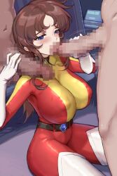Rule 34 | 1girl, 2boys, blue eyes, bodysuit, breasts, brown hair, censored, fellatio, large breasts, long hair, maria grace fleed, mazinger (series), multiple boys, oral, thick thighs, thighs, ufo robo grendizer