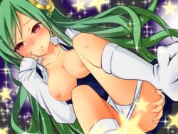 Rule 34 | 1girl, athena (p&amp;d), blush, breasts, breasts out, collarbone, collared shirt, dutch angle, green hair, hair ornament, long hair, long sleeves, looking away, nipples, open clothes, panties, panty pull, partially visible vulva, puzzle &amp; dragons, red eyes, school uniform, shirt, sitting, solo, sparkle, star (symbol), underwear, uzura kazuhisa, white panties