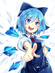 Rule 34 | 1girl, :d, asutora, blue dress, blue eyes, blue hair, blush, bow, breasts, cirno, commentary request, cowboy shot, dress, foreshortening, hair between eyes, hair bow, hand on own hip, head tilt, highres, ice, ice wings, looking at viewer, neck ribbon, open mouth, pointing, pointing at viewer, puffy short sleeves, puffy sleeves, red bow, red ribbon, ribbon, shirt, short hair, short sleeves, simple background, small breasts, smile, solo, standing, touhou, white background, white shirt, wing collar, wings