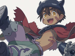 Rule 34 | 1boy, :d, asada hachi, body markings, brown hair, cape, commentary request, dark-skinned male, dark skin, facial mark, fake horns, happy, helmet, horned helmet, horns, looking at viewer, made in abyss, male focus, mechanical arms, mechanical legs, navel, open mouth, pants, pointy ears, puffy pants, red cape, regu (made in abyss), short hair, simple background, smile, solo, teeth, topless male, torn cape, torn clothes, upper teeth only, white background, yellow eyes