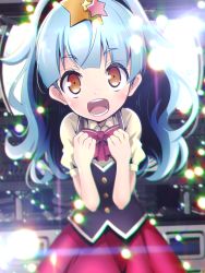 Rule 34 | 10s, 1girl, blue hair, blush, bow, bowtie, chromatic aberration, clenched hands, female focus, hair ornament, highres, hoshikawa lily, idol, open mouth, orange eyes, short sleeves, skirt, smile, solo, standing, star (symbol), star hair ornament, tom (drpow), twintails, zombie land saga