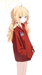 1girl absurdres ahoge animal_print bare_legs black_eyes blonde_hair blue_archive blush cat_print closed_mouth collarbone commentary drawstring expressionless from_side hair_ribbon halo hands_in_pockets highres hood hood_down hoodie long_hair looking_at_viewer low_twintails pink_pupils red_hoodie red_ribbon ribbon sanzen_rakusetsu_chu shirt sidelocks sideways_glance simple_background solo standing text_print turning_head twintails white_background white_shirt wispy_bangs yellow_halo yoshimi_(blue_archive)