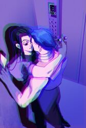 Rule 34 | 2boys, against wall, black eyes, black hair, blue hair, card, elevator, from above, hakulo, highres, hisoka morow, holding, holding card, holding needle, hunter x hunter, illumi zoldyck, long hair, looking at another, male focus, multiple boys, needle, psychedelic, short hair, sleeveless, yaoi