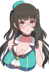 Rule 34 | 1girl, alternate hairstyle, black gloves, black hair, choukai (kancolle), choukai kai ni (kancolle), glasses, gloves, hat, highres, kantai collection, long hair, mini hat, red eyes, rimless eyewear, simple background, solo, two side up, upper body, white background, yomogi dango