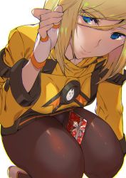 Rule 34 | 1girl, ashiomi masato, between legs, blonde hair, blue eyes, brown pantyhose, commentary request, dress, fingerless gloves, gift, gloves, guilty gear, guilty gear xrd, millia rage, panties, panties under pantyhose, pantyhose, smile, solo, squatting, underwear, white gloves, yellow dress