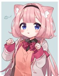 Rule 34 | 1girl, :3, animal ear fluff, animal ears, black hairband, black shirt, blue background, blue eyes, blunt bangs, blush, border, bow, bowtie, brown cardigan, cardigan, cat ears, collared shirt, commentary request, hairband, hands up, highres, jacket, kemonomimi mode, kurihara sakura, long hair, long sleeves, looking at viewer, nijisanji, open clothes, open jacket, open mouth, paw pose, pink hair, plaid, plaid bow, plaid bowtie, school uniform, selene girls school uniform, shirt, smile, solo, suo sango, suo sango (1st costume), upper body, virtual youtuber, white border, white jacket