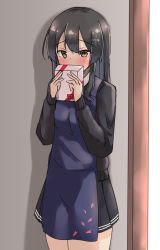 Rule 34 | 1girl, against wall, alternate costume, apron, black hair, black skirt, black sweater, box, brown eyes, commentary request, covering own mouth, cowboy shot, door, gift, hair ornament, hairclip, highres, kantai collection, oyashio (kancolle), pink apron, pleated skirt, skirt, solo, sweater, wasumi kei