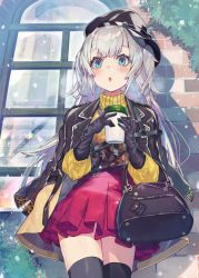 Rule 34 | 1girl, :o, bag, black gloves, black hat, black jacket, black thighhighs, blue eyes, cabbie hat, coat, commentary, cowboy shot, cup, day, door, eyelashes, fog, glass door, gloves, handbag, hat, holding, holding cup, jacket, jacket on shoulders, kikkaiki, lamp, leaf, legs together, long hair, long sleeves, miniskirt, on shoulder, open clothes, open jacket, original, outdoors, pleated skirt, red skirt, sidelocks, silver hair, skirt, snow, snowing, solo, standing, sweater, symbol-only commentary, thighhighs, transparent, two side up, winter, winter clothes, yellow sweater, zettai ryouiki