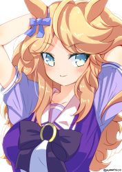 Rule 34 | 1girl, absurdres, animal ears, aqua eyes, arms up, black bow, blonde hair, blouse, blue bow, bow, closed mouth, commentary, ear bow, gold city (umamusume), hands in hair, highres, horse ears, horse girl, long hair, looking at viewer, namatyoco, puffy short sleeves, puffy sleeves, purple shirt, sailor collar, school uniform, shirt, short sleeves, smile, solo, tracen school uniform, twitter username, umamusume, upper body, wavy hair, white sailor collar