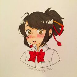 Rule 34 | 1girl, artist name, black hair, blush, bow, bowtie, breast pocket, brown eyes, candyfists, commentary, cropped torso, english commentary, expressionless, gradient ribbon, hair ribbon, instagram username, kimi no na wa., long hair, looking at viewer, miyamizu mitsuha, nostrils, orange ribbon, parted lips, pocket, ponytail, red bow, red bowtie, red ribbon, ribbon, school uniform, shirt, sidelocks, sideways glance, solo, tassel, teeth, traditional media, twitter username, upper body, upper teeth only, white background, white shirt