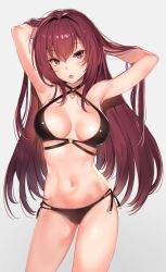 Rule 34 | 1girl, :o, armpits, arms up, bad id, bad pixiv id, bikini, black bikini, breasts, cleavage, commentary request, cowboy shot, criss-cross halter, fate/grand order, fate (series), grey background, hair between eyes, halterneck, hands in hair, heart pendant, highres, hip focus, long hair, looking at viewer, medium breasts, multi-strapped bikini bottom, multi-strapped bikini top, navel, open mouth, purple hair, red eyes, scathach (fate), side-tie bikini bottom, simple background, solo, standing, swimsuit, thighs, yuran