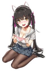Rule 34 | 1girl, absurdres, animal ears, black hair, blouse, blunt bangs, blush, breasts, brown eyes, brown pantyhose, cat ears, cat hair ornament, choker, cleavage, copyright request, fake animal ears, full body, hair ornament, highres, holding, holding clothes, holding panties, holding underwear, large breasts, lips, long hair, looking at viewer, pantyhose, pleated skirt, presenting removed panties, see-through, shirt, simple background, sitting, skirt, smile, solo, tagme, twintails, underwear, uniform, very long hair, wariza, wet.elephant, white background, white shirt