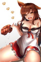 Rule 34 | 1girl, animal ear fluff, animal ears, arm behind back, bare shoulders, blush, boned meat, breasts, brooch, brown eyes, brown hair, cleavage, collarbone, commentary request, dress, drooling, food, gradient background, grey background, hand up, head tilt, highres, holding, holding food, houdukixx, imaizumi kagerou, jewelry, long hair, looking at viewer, meat, medium breasts, off-shoulder dress, off shoulder, open mouth, paw print, petticoat, shadow, short sleeves, sitting, solo, tail, thick thighs, thighs, touhou, white background, white dress, wolf ears, wolf tail