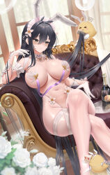 Rule 34 | &gt; &lt;, 1girl, absurdly long hair, alternate costume, animal ears, areola slip, arm strap, azur lane, bare shoulders, black hair, blush, bottle, breasts, brushing another&#039;s hair, brushing hair, cleavage, closed mouth, comb, commentary, commentary request, crossed legs, cup, detached collar, fake animal ears, feet out of frame, flower, fouriasensei, gloves, highres, holding, holding another&#039;s hair, holding comb, indomitable (azur lane), large breasts, long hair, maid headdress, manjuu (azur lane), navel, pantyhose, rabbit ears, sitting, thighs, very long hair, white gloves, white pantyhose