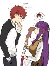 Rule 34 | ..., 1boy, 2girls, ?, ^^^, absurdres, black hair, black skirt, blunt bangs, breasts, confused, cosplay, elf, emiya shirou, fate/stay night, fate (series), fern (sousou no frieren), frieren, hair ornament, hair ribbon, hand on own chin, highres, holding, holding wand, jacket, juliet sleeves, large breasts, long hair, long sleeves, look-alike, matou sakura, matou sakura (cosplay), multicolored clothes, multicolored hair, multicolored jacket, multiple girls, pointy ears, puffy sleeves, purple eyes, purple hair, raglan sleeves, red hair, ribbon, shokobr, sidelocks, simple background, skirt, sousou no frieren, stark (sousou no frieren), straight hair, sweater vest, thinking, two-tone jacket, wand, yellow eyes