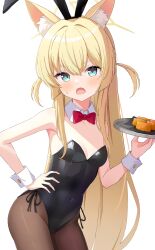 Rule 34 | 1girl, alternate costume, animal ear fluff, animal ears, black leotard, black pantyhose, blonde hair, blue archive, blush, bow, bowtie, breasts, commentary, detached collar, fake animal ears, fang, fox ears, green eyes, hair between eyes, highres, holding, holding plate, kokoa of, kurumi (blue archive), leotard, long hair, looking at viewer, open mouth, pantyhose, plate, playboy bunny, red bow, red bowtie, skin fang, small breasts, solo, strapless, strapless leotard, sweat, tray, two side up, wrist cuffs