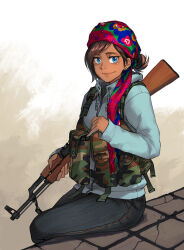 Rule 34 | 1girl, ak-47, ammunition pouch, assault rifle, blue eyes, blue hoodie, brown hair, camouflage, chest rig, closed mouth, commentary, dark-skinned female, dark skin, denim, drawstring, earrings, english commentary, floral print, grey background, grey pants, gun, gun sling, headwear request, holding, holding gun, holding weapon, hood, hood down, hoodie, jewelry, kalashnikov rifle, kws, lips, long sleeves, looking to the side, magazine (weapon), mixed-language commentary, multicolored clothes, multicolored headwear, original, pants, pouch, print headwear, rifle, short hair, sitting, smile, solo, stud earrings, syrian civil war, weapon, white background, women&#039;s protection units, woodland camouflage