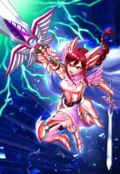 Rule 34 | 1girl, ameisensou, braid, brown eyes, detached sleeves, dual wielding, erza scarlet, fairy tail, gauntlets, highres, holding, holding sword, holding weapon, long hair, open mouth, purple skirt, red hair, skirt, solo, sword, weapon