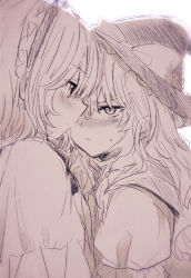 Rule 34 | 2girls, alice margatroid, aoi (annbi), blush, ear blush, face-to-face, frown, greyscale, hairband, hat, kirisame marisa, long hair, looking at another, monochrome, multiple girls, short hair, sweatdrop, touhou, white background, witch hat, yuri