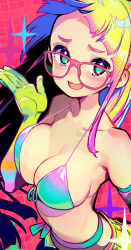 Rule 34 | 1girl, aqua eyes, bare shoulders, bikini, bikini skirt, bikini top only, black hair, blonde hair, blue hair, blush, breasts, collarbone, commentary request, elbow gloves, forehead, front-tie bikini top, front-tie top, glasses, gloves, gradient bikini, gradient clothes, gradient gloves, halftone texture, halterneck, hand up, large breasts, long hair, looking at viewer, multicolored bikini, multicolored clothes, multicolored gloves, multicolored hair, onono imoko, open mouth, original, pink-framed eyewear, pink background, pink hair, short eyebrows, shorts, sideboob, sidelocks, smile, solo, sparkle, star (symbol), string bikini, swimsuit, upper body, very long hair, yellow shorts