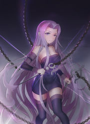 Rule 34 | 1girl, absurdly long hair, absurdres, black dress, black sleeves, black thighhighs, breasts, chain, choker, cleavage, closed mouth, collarbone, detached sleeves, dress, dual wielding, fate/stay night, fate (series), floating hair, hair intakes, halu u, highres, holding, holding weapon, large breasts, long hair, long sleeves, looking at viewer, medusa (fate), medusa (rider) (fate), nameless dagger (fate), purple choker, purple eyes, purple hair, short dress, solo, standing, straight hair, strapless, strapless dress, thighhighs, tube dress, very long hair, weapon, zettai ryouiki