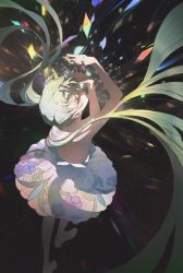 Rule 34 | 1girl, arms up, backless outfit, barefoot, colorful, dark background, dress, facing back, floral print, from above, from behind, hatsune miku, highres, light particles, long hair, mr. owlish, multicolored hair, original, short dress, solo, standing, twintails