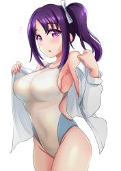 Rule 34 | 10s, 1girl, :o, ^^^, armpits, bare hips, bare shoulders, blush, breasts, commentary request, competition swimsuit, cowboy shot, grey ribbon, grey shirt, hair ribbon, highres, impossible clothes, impossible swimsuit, kazuno sarah, kibihimi, large breasts, long hair, long sleeves, looking at viewer, love live!, love live! sunshine!!, off-shoulder shirt, off shoulder, one-piece swimsuit, open clothes, open mouth, open shirt, parted bangs, purple eyes, purple hair, ribbon, shirt, side ponytail, sidelocks, simple background, skindentation, solo, swimsuit, unbuttoned, unbuttoned shirt, undressing, white background, white one-piece swimsuit