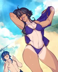 Rule 34 | 1boy, 1girl, absurdres, alternate costume, beach, bikini, black hair, blood, blue hair, blush, breasts, unworn clothes, commission, commissioner upload, earrings, fire emblem, fire emblem: genealogy of the holy war, gluteal fold, heart, heart-shaped pupils, highres, iaurencin, jewelry, larcei (fire emblem), looking at another, looking to the side, medium breasts, navel, nintendo, nipples, nosebleed, ocean, one eye closed, open mouth, purple bikini, seliph (fire emblem), smile, solo focus, swimsuit, symbol-shaped pupils, tan, tanline, thighs, thumbs up