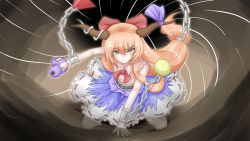 Rule 34 | 1girl, arm up, belt, black background, chain, commentary request, cuffs, fisheye, fog, furrowed brow, gourd, hair between eyes, hair ribbon, hand on ground, highres, holding, horn ornament, horn ribbon, horns, ibuki suika, kneeling, layered skirt, light frown, light trail, long hair, low-tied long hair, neck ribbon, orange hair, orb, pink shirt, pyramid (geometry), red ribbon, ribbon, serious, shackles, shirt, skirt, sleeveless, sleeveless shirt, solo, tatsu toyoyo, touhou, very long hair