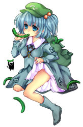 Rule 34 | 1girl, backpack, bag, blue eyes, blue hair, cat, clothes lift, cucumber, eating, female focus, full body, hair bobbles, hair ornament, hat, highres, kawashiro nitori, key, mata, matching hair/eyes, no panties, short hair, simple background, skirt, skirt lift, solo, touhou, twintails, two side up, white background