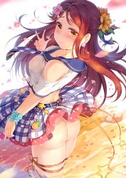 Rule 34 | 1girl, ass, blue scrunchie, blush, breasts, charm (object), circle skirt, clothes lift, commentary request, covered erect nipples, crop top, earrings, flower, flower earrings, hair flower, hair ornament, half updo, highres, jewelry, looking back, love live!, love live! school idol festival, love live! sunshine!!, medium breasts, miazi, necktie, no bra, no panties, no underwear, petals, pink flower, plaid necktie, plaid neckwear, red hair, sailor collar, sakurauchi riko, scrunchie, skirt, skirt lift, smile, solo, w, wading, wind, wind lift, wrist scrunchie, yellow eyes, yellow flower