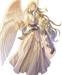 Rule 34 | 1boy, alternate costume, blonde hair, bouquet, feathered wings, fire emblem, fire emblem: radiant dawn, fire emblem heroes, flower, full body, green eyes, highres, holding, long hair, male focus, nintendo, official art, pointy ears, rafiel (fire emblem), smile, solo, standing, transparent background, white wings, wings